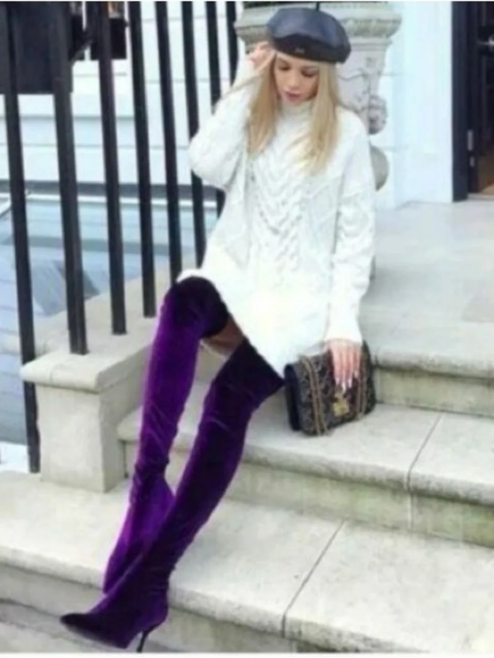 Zara Velvet Over The Knee Boots Size 7 US Purple Plum Pointed Toe Kitten Heel